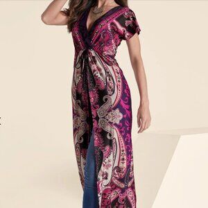 Venus Moroccan Nights Long Maxi Top Paisley V Neck Small Colorful Bohemian NWT